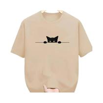 Camiseta Casual Masculina De Verão Em Algodão Com Estampa De Gato, Gola Redonda E Manga Curta