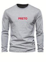 Camiseta Casual Masculina plus Size Preta De Algodão Com Manga Longa Confortável, Gola Redonda E