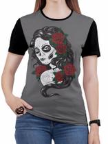 Camiseta Caveira Mexicana Rock moto Feminina Roupas blusa