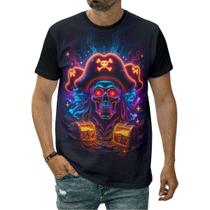 Camiseta Caveira Pirata Tesouro Mapas Mistério Mar Revolto