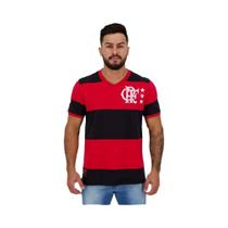 Camiseta Clássica Unissex Flamengo FC Vermelha E Preta Com Listras, Emblema Bordado 1914 E