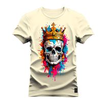 Camiseta Confortável Premium Estampada Caveira Usando Coroa