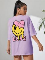 Camiseta Coração Ziper Estampa Costas Desenho Smile Derretendo Love Longline T-shirt Manga Curta Ombro Caido Aesthetic