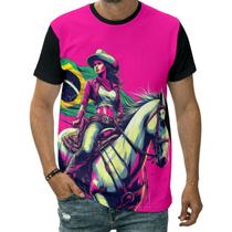 Camiseta Cowgirl Country Boiadeira Cavalo Chapéu Brasil Rosa