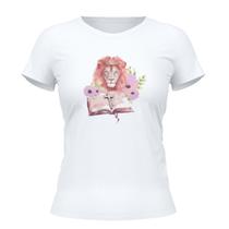Camiseta Cristã Feminina - Leão Bíblia Branca Camiseta Cristã Feminina - Leão Bíblia Branca