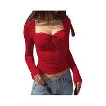 Camiseta Crop Elegante E Sexy De Manga Longa Com Patchwork De Renda Para Mulheres, Ideal Para Festas
