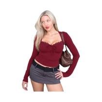 Camiseta Crop Elegante E Sexy De Manga Longa Com Patchwork De Renda Para Mulheres, Ideal Para Festas