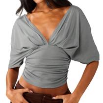 Camiseta Crop FWSAM feminina com decote em V profundo, cintura franzida, cinza Camiseta Crop FWSAM feminina com decote em V profundo, cintura franzida, cinza