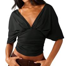 Camiseta Crop FWSAM feminina com decote em V profundo, mistura de algodão preto Camiseta Crop FWSAM feminina com decote em V profundo, mistura de algodão preto
