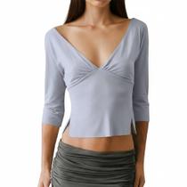 Camiseta Crop GCZREN feminina sexy com decote em V profundo e fenda lateral franzida