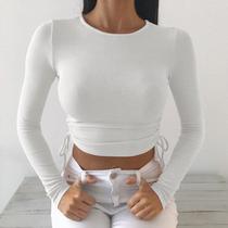 Camiseta Crop Top Bodycon Feminina Sexy - Gola Redonda e Manga Comprida