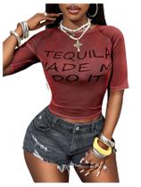 Camiseta Crop Top RoseSeek Sheer Mesh Letter Graphic Borgonha Camiseta Crop Top RoseSeek Sheer Mesh Letter Graphic Borgonha