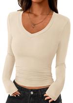 Camiseta Cropped de Manga Longa PRETTYGARDEN Feminina com Decote V