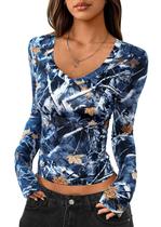 Camiseta Cropped Decote V Profundo PRETTYGARDEN Outono 2025 Azul Escuro