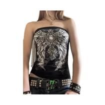 Camiseta Cropped Estilo Gótico Preta Com Estampa, Sem Alças, Casual Chic De Verão, Moda Y2K