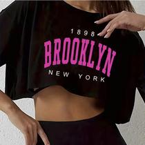 Camiseta Cropped Feminina Casual Esportiva Com Estampa Gráfica Los Angeles Brooklyn Gola Redonda