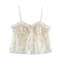 Camiseta Cropped Feminina Chic Com Lantejoulas E Babados Em Chiffon, Sem Costas, Modelo LS7195