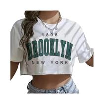 Camiseta Cropped Feminina Com Estampa Gráfica Los Angeles Brooklyn, Gola Redonda, Casual, Esportiva,