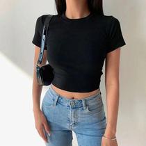 Camiseta Cropped Feminina De Manga Curta, Casual, Básica, Preta E Branca, Moda De Verão, Camisetas