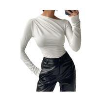 Camiseta Cropped Feminina De Manga Longa Branca Básica Com Decote Assimétrico Streetwear Preto Y2K Camiseta Cropped Feminina De Manga Longa Branca Básica Com Decote Assimétrico Streetwear Preto Y2K