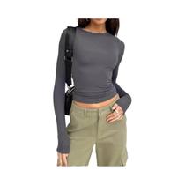 Camiseta Cropped Feminina De Manga Longa Y2K, Slim Fit, Casual, Pullover, Decote Redondo, Moda De