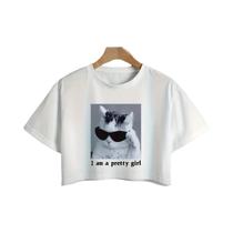 Camiseta Cropped Feminina De Verão Com Estampa De Gato E Letras, Gola Redonda Casual E Manga Curta