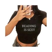 Camiseta Cropped Feminina Gótica Com Estampa Gráfica 'Reading Is Sexy', Manga Curta, Moda Y2K, Baby