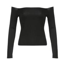 Camiseta Cropped Feminina Preta De Manga Longa Com Decote Canoa, Estilo Coreano, Ajuste Slim,
