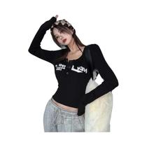 Camiseta Cropped Feminina Sexy Slim Com Estampa Retro De Grafite, Manga Longa E Decote Redondo Camiseta Cropped Feminina Sexy Slim Com Estampa Retro De Grafite, Manga Longa E Decote Redondo