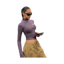 Camiseta Cropped Feminina Y2K De Manga Longa Com Gola Alta E Zíper, Casual, Básica, Estilo Camiseta Cropped Feminina Y2K De Manga Longa Com Gola Alta E Zíper, Casual, Básica, Estilo