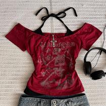 Camiseta Cropped Feminina Y2K Sem Mangas Estampada Anime Harajuku Doce Sexy Casual Vermelha