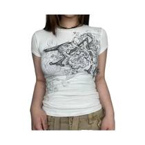 Camiseta Cropped Gráfica Retro Branca Para Mulheres, Manga Curta, Decote O, Estilo Y2K, Estética