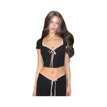 Camiseta Cropped Preta Com Laço, Estilo Y2K, Chic E Fofa, Camisetas De Verão De Manga Curta Para