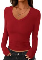 Camiseta Cropped PRETTYGARDEN 2025 Vermelha Manga Longa Decote V XXL