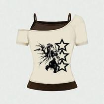 Camiseta Cropped Retro Y2K Harajuku Emo Girl Com Renda, Estilo Gótico Punk Hip Hop Rock Streetwear