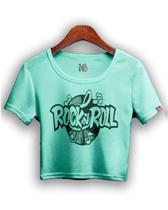 Camiseta Cropped Rock In Roll Verde Água Soltinha - No Sense