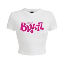 Camiseta Cropped Rosa Y2K Para Mulheres Com Estampa De Letras Bratz, Manga Curta, Alta Elasticidade,