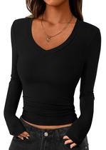Camiseta Cropped Slim de Manga Longa com Decote V PRETTYGARDEN XXL