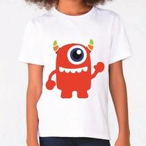 Camiseta curta espevitados branco infantil estampado monstrinho laranja dente