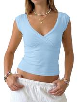 Camiseta curta feminina Cioatin Basic Solid com decote em V azul