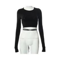 Camiseta Curta Feminina Preta Sem Costas Com Decote Redondo E Mangas Longas, Estilo Sexy Camiseta Curta Feminina Preta Sem Costas Com Decote Redondo E Mangas Longas, Estilo Sexy