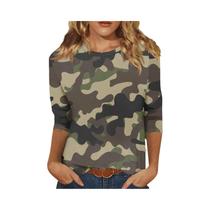 Camiseta de Algodão com Estampa de Camuflagem - Manga 7/8 - Modelagem Regular - Primavera/Verão