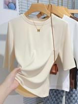 Camiseta De Algodão Feminina De Verão Básica Com Decote Redondo E Manga Curta Tops Sólidos