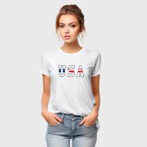 Camiseta de Algodão Feminina Manga Curta Estampa USA Casual