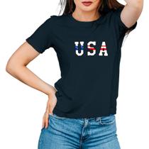 Camiseta de Algodão Feminina Manga Curta Estampa USA Casual