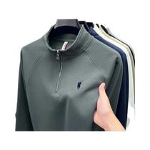 Camiseta De Algodão Masculina De Manga Longa Com Zíper Frontal, Gola Alta, Estilo Casual Esportivo
