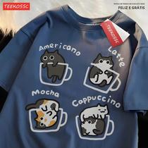 Camiseta de Algodão Puro com Estampa de Gato e Flores - Manga Curta - Unissex