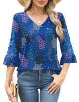 Camiseta de algodão Rapbin para mulheres de manga 3/4 com decote em V azul floral