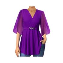 Camiseta De Chiffon plus Size Para Mulheres, Manga Curta, Decote Em V, Com Fenda, Cintura Franzida,