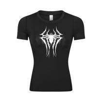 Camiseta de Compressão Feminina com Estampa de Aranha - Manga Curta para Corrida, Treino e Yoga